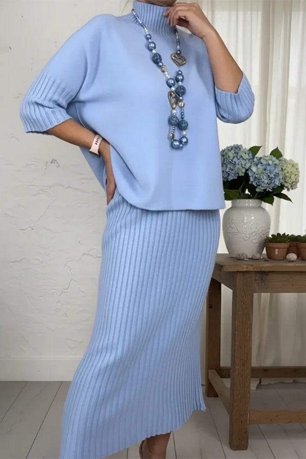 Martina – Elegantní set: volný pletený rolák a pružná midi sukně v jednobarevném provedení