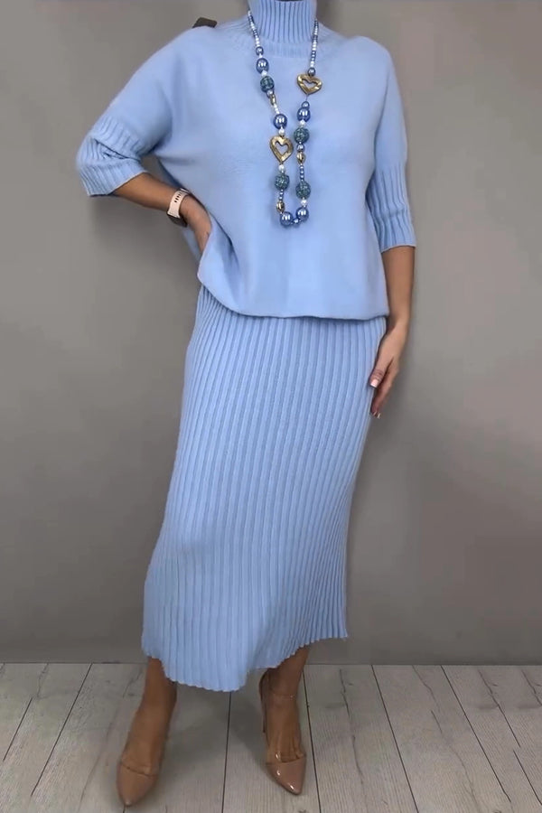 Martina – Elegantní set: volný pletený rolák a pružná midi sukně v jednobarevném provedení