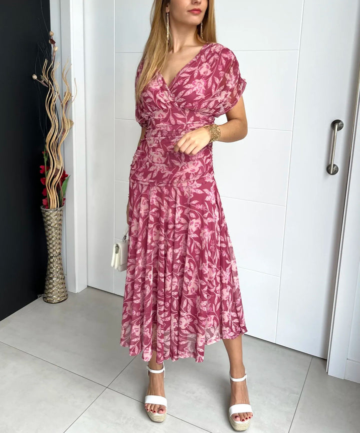 Laura – Dámské vzorované šaty s odhalenými rameny a výstřihem do V